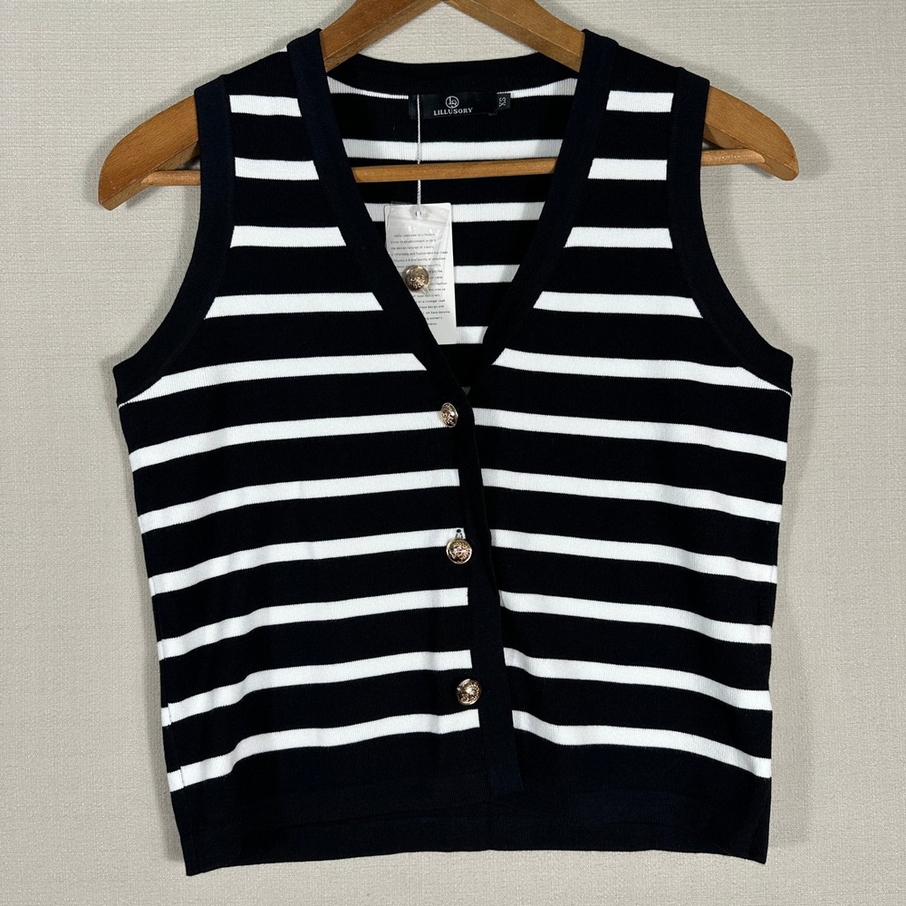 LILLUSORY Button Front Knit Vest Womens XS Black White New Striped LSa1007